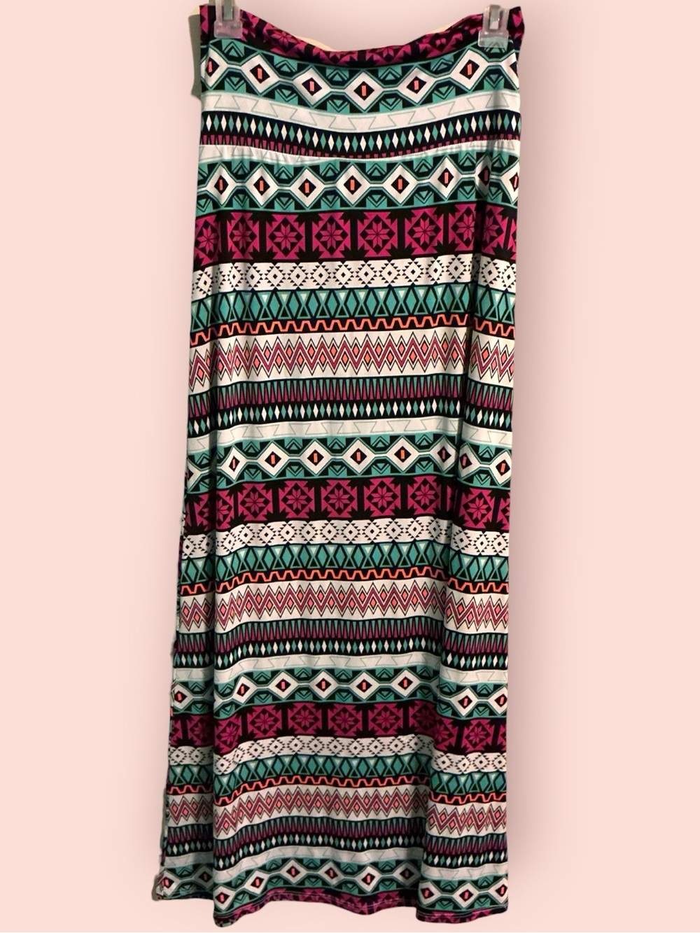 🌺Tovia Geometric Aztec Maxi Skirt in Pink & Teal